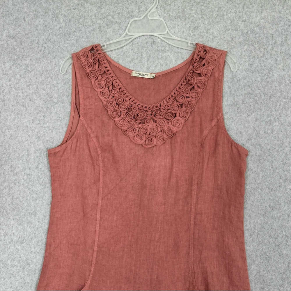 Lungo L'Arno 100% Linen Dress Womens Large Lagenlook Shift Pockets Rosette READ - Picture 3 of 14